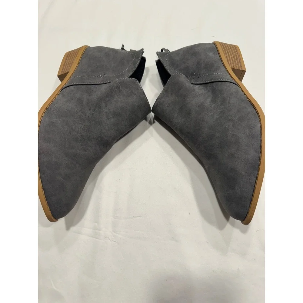 Grey Faux Leather Pointed Toe Ankle Boots Side Cutout Back‎ Zip Block Heel 43